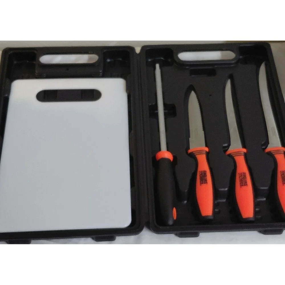 Anglers Choice 5 Piece Fillet Knife Set Cutting Board Sharpener Carry Case NEW